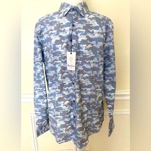 Robert Graham NWT Men's Blue Wilder Camo Print Long Sleeve Shirt, Size Large
